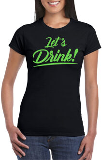 Bellatio Decorations Verkleed T-shirt voor dames - lets drink - zwart - groene glitters - glitter and glamour L