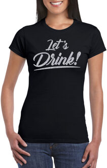 Bellatio Decorations Verkleed T-shirt voor dames - lets drink - zwart - zilver glitters - glamour XS