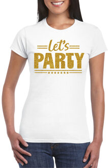Bellatio Decorations Verkleed T-shirt voor dames - lets party - wit - glitter goud - carnaval/themafeest Goudkleurig