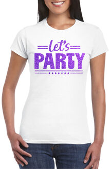 Bellatio Decorations Verkleed T-shirt voor dames - lets party - wit - glitter paars - carnaval/themafeest XS