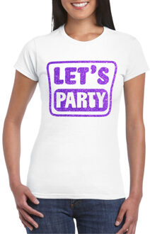 Bellatio Decorations Verkleed T-shirt voor dames - lets party - wit - glitter paars - carnaval/themafeest