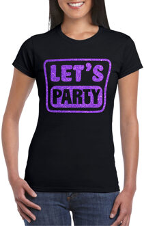 Bellatio Decorations Verkleed T-shirt voor dames - lets party - zwart - glitter paars - carnaval/themafeest 2XL