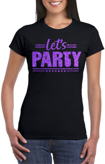 Bellatio Decorations Verkleed T-shirt voor dames - lets party - zwart - glitter paars - carnaval/themafeest XS