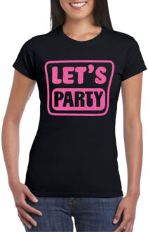 Bellatio Decorations Verkleed T-shirt voor dames - lets party - zwart - glitter roze - carnaval/themafeest XS