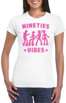 Bellatio Decorations Verkleed T-shirt voor dames - nineties vibes - wit - roze glitter - carnaval/themafeest XL