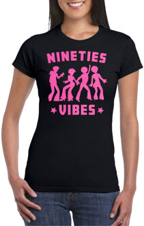 Bellatio Decorations Verkleed T-shirt voor dames - nineties vibes - zwart - roze glitter - carnaval/themafeest M