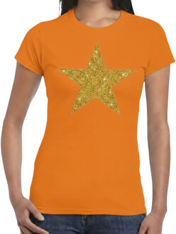Bellatio Decorations Verkleed T-shirt voor dames - oranje - gouden ster - glitter bedrukking - feestkleding - Disco