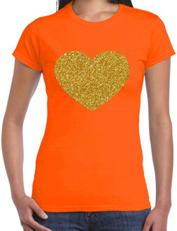 Bellatio Decorations Verkleed T-shirt voor dames - oranje - hartje - glitter goud - themafeest / Koningsdag L