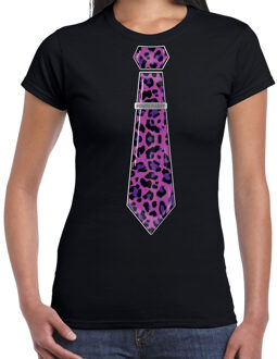 Bellatio Decorations Verkleed T-shirt voor dames - panterprint stropdas - zwart - foute party - carnaval/themafeest S