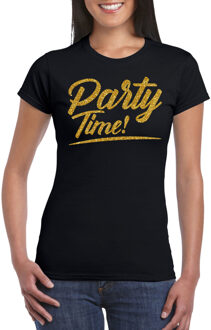 Bellatio Decorations Verkleed T-shirt voor dames - party time - zwart - goud glitter - carnaval/themafeest S