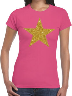 Bellatio Decorations Verkleed T-shirt voor dames - roze - gouden ster - glitter bedrukking - feestkleding - Disco L
