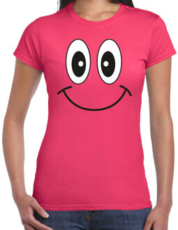 Bellatio Decorations Verkleed T-shirt voor dames - smiley - fuchsia roze - carnaval - feestkleding