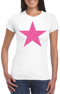 Bellatio Decorations Verkleed T-shirt voor dames - ster - wit - roze glitter - carnaval/themafeest XS