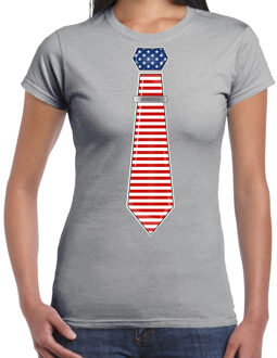 Bellatio Decorations Verkleed T-shirt voor dames - stropdas Amerika - grijs - supporter - themafeest