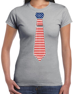 Bellatio Decorations Verkleed T-shirt voor dames - stropdas Amerika - grijs - supporter - themafeest