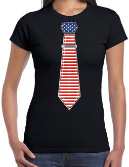 Bellatio Decorations Verkleed T-shirt voor dames - stropdas Amerika - zwart - supporter - themafeest