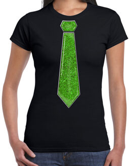 Bellatio Decorations Verkleed t-shirt voor dames - stropdas glitter groen - zwart - carnaval - foute party