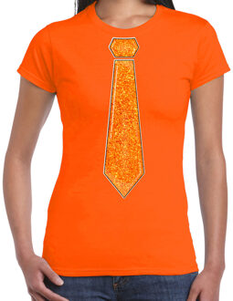 Bellatio Decorations Verkleed t-shirt voor dames - stropdas glitter oranje - oranje - carnaval - foute party