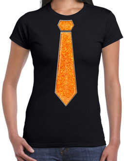 Bellatio Decorations Verkleed t-shirt voor dames - stropdas glitter oranje - zwart - carnaval - foute party