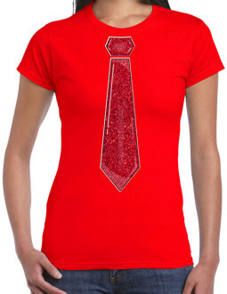 Bellatio Decorations Verkleed t-shirt voor dames - stropdas glitter rood - rood - carnaval - foute party M