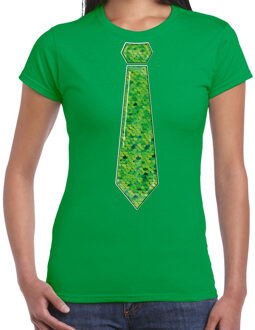 Bellatio Decorations Verkleed t-shirt voor dames - stropdas groen - pailletten - groen - carnaval - foute party M
