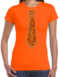 Bellatio Decorations Verkleed t-shirt voor dames - stropdas oranje - pailletten - oranje - carnaval - foute party M