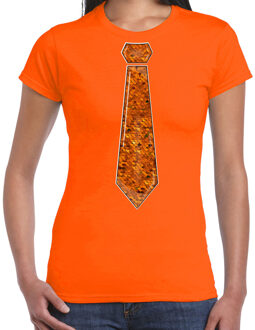 Bellatio Decorations Verkleed t-shirt voor dames - stropdas oranje - pailletten - oranje - carnaval - foute party