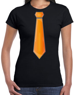 Bellatio Decorations Verkleed t-shirt voor dames - stropdas oranje - zwart - carnaval - foute party XL