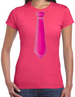 Bellatio Decorations Verkleed t-shirt voor dames - stropdas roze - roze - carnaval - foute party - verkleedshirt