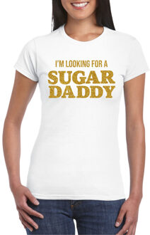 Bellatio Decorations Verkleed T-shirt voor dames - sugar daddy - wit - glitter goud - carnaval/themafeest XS