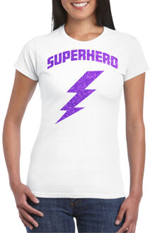 Bellatio Decorations Verkleed T-shirt voor dames - superheld - wit/paars - stripfiguren - carnaval/themafeest 2XL