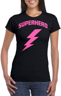 Bellatio Decorations Verkleed T-shirt voor dames - superheld - zwart/roze - stripfiguren - carnaval/themafeest XL