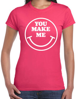 Bellatio Decorations Verkleed T-shirt voor dames - you make me - Smile Emoticon - roze - carnaval - foute party - feestkl M
