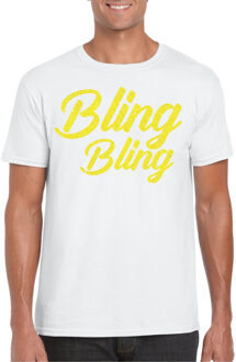 Bellatio Decorations Verkleed T-shirt voor heren - bling - wit - geel glitter - glitter and glamour - carnaval L