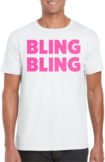 Bellatio Decorations Verkleed T-shirt voor heren - bling - wit - roze glitter - carnaval/themafeest 2XL