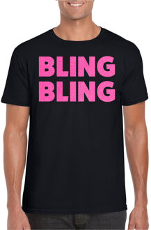 Bellatio Decorations Verkleed T-shirt voor heren - bling - zwart - roze glitter- carnaval/themafeest 2XL