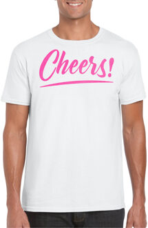 Bellatio Decorations Verkleed T-shirt voor heren - cheers - wit - roze glitter - carnaval/themafeest S