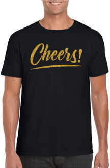 Bellatio Decorations Verkleed T-shirt voor heren - cheers - zwart - gouden glitter - carnaval/themafeest S