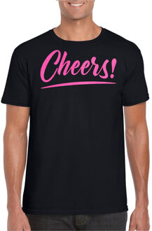 Bellatio Decorations Verkleed T-shirt voor heren - cheers - zwart - roze glitter - carnaval 2XL