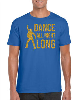 Bellatio Decorations Verkleed T-shirt voor heren - dance all night long - gouden glitter print - blauw - 70 / 80