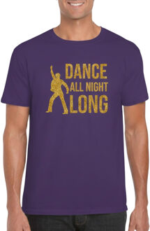 Bellatio Decorations Verkleed T-shirt voor heren - dance all night long - gouden glitter print - paars - 70 / 80 2XL