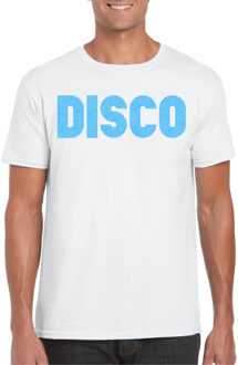 Bellatio Decorations Verkleed T-shirt voor heren - disco - wit - blauw glitter - jaren 70/80 - carnaval/themafeest 2XL