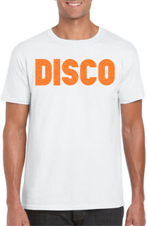 Bellatio Decorations Verkleed T-shirt voor heren - disco - wit - oranje glitter - jaren 70/80 - carnaval/themafeest 2XL