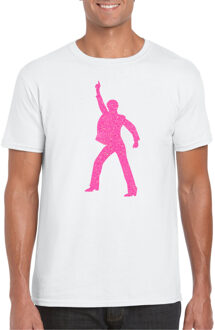 Bellatio Decorations Verkleed T-shirt voor heren - disco - wit - roze glitter - jaren 70/80 - carnaval/themafeest M