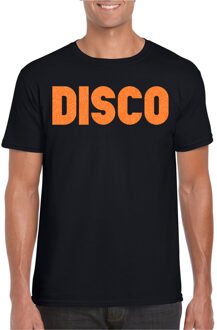 Bellatio Decorations Verkleed T-shirt voor heren - disco - zwart - oranje glitter - jaren 70/80 - carnaval/themafeest 2XL