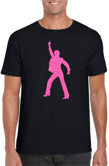 Bellatio Decorations Verkleed T-shirt voor heren - disco - zwart - roze glitter - jaren 70/80 - carnaval/themafeest 2XL