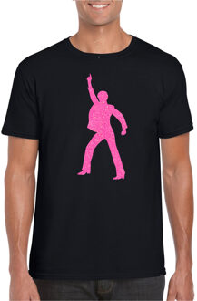 Bellatio Decorations Verkleed T-shirt voor heren - disco - zwart - roze glitter - jaren 70/80 - carnaval/themafeest