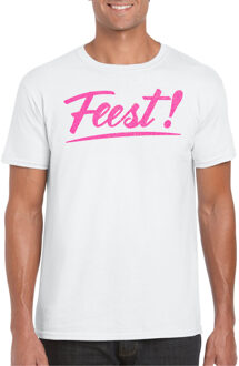 Bellatio Decorations Verkleed T-shirt voor heren - feest - wit - roze glitter - carnaval L