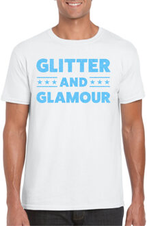 Bellatio Decorations Verkleed T-shirt voor heren - glitter and glamour - wit - blauw glitter - carnaval/themafeest 2XL