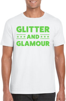 Bellatio Decorations Verkleed T-shirt voor heren - glitter and glamour - wit - groen glitter - carnaval/themafeest 2XL